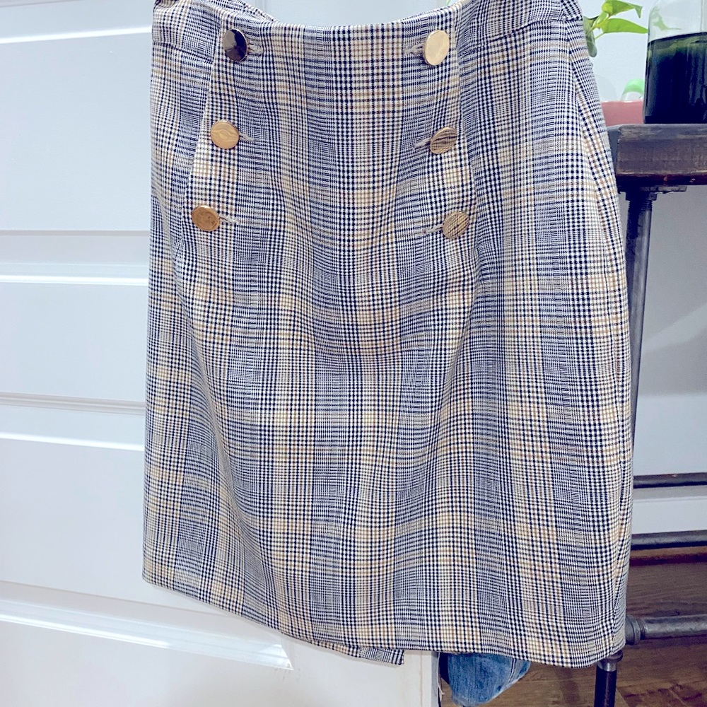 H&M plaid skirt, gold button detail, size M